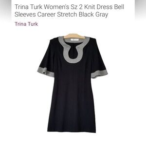 Trina Turk Tunic Jersey Dress w/Bell Sleeve in Gray w/Black Trim & Clasp Detail